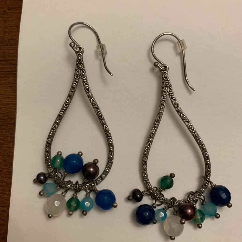 Elegant Silver Teardrop Earrings with Blue and Green Beads